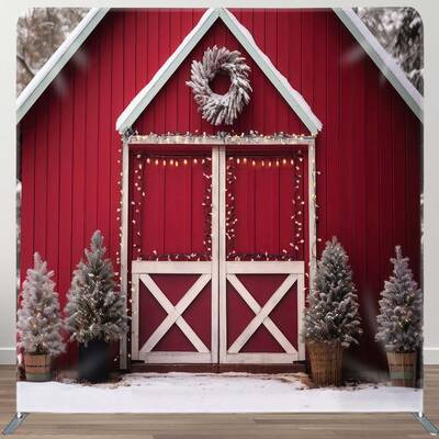 Aperturee Winter Red Barn Door Christmas Tension Fabric Backdrop | Christmas Scenic Backgrounds | Xmas Backdrop | Christmas P...