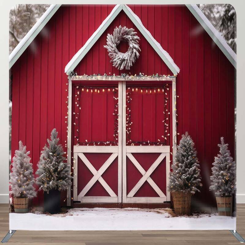 Aperturee Winter Red Barn Door Christmas Tension Fabric Backdrop | Christmas Scenic Backgrounds | Xmas Backdrop | Christmas P...