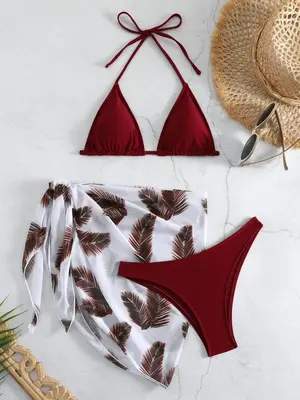 Three-Piece Set Women's Halter Neck Triangle Cup Bikini Top & Swim Panty & Feather Print Cover Up Skirt Swimsuit Sets, Pool B...