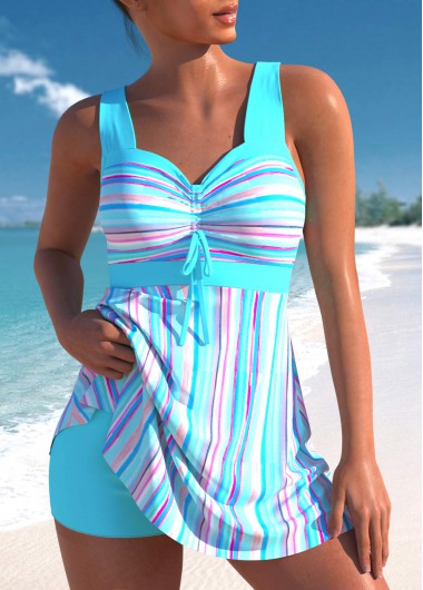 Modlily Drawstring High Waisted Striped Cyan Swimdress and Shorts - S
