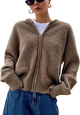 Women's Zip Up Hooded Cardigan Sweater Knitted Drop Shoulder Fall Hoodies Outerwear