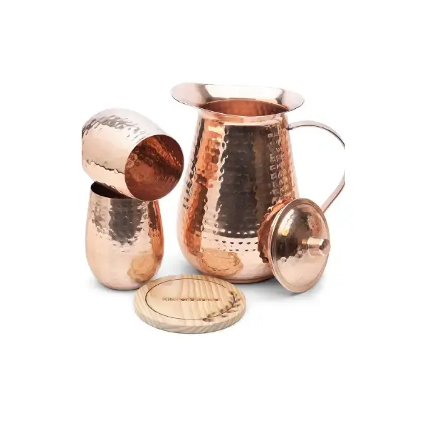 Kitchen Science Pure Copper Pitcher 70 Oz With Lid, 2 Copper Tumblers & a Coaster Drinkware Wood Jug Set