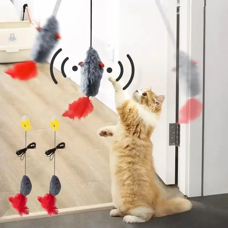 Hanging Mouse Plush Toy, 2 Counts Interactive Cat Teaser Toy, Feather Mouse Toy for Cats, Pet Supplies, Cat Accessories