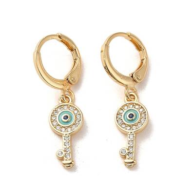 Key with Evil Eye Real 18K Gold Plated Brass Dangle Leverback Earrings