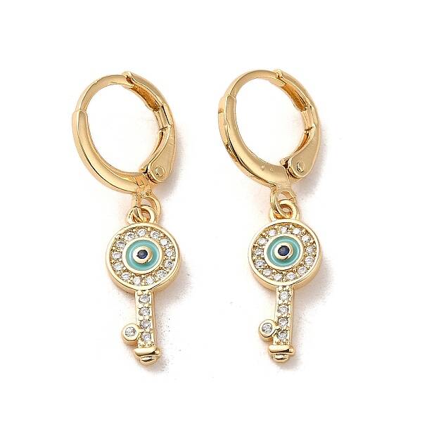 Key with Evil Eye Real 18K Gold Plated Brass Dangle Leverback Earrings