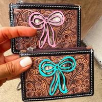 Cowboy Hat | Coquette Bow - Brown Leather - Cowhide Keychain Wallet - 5 Credit Card Slots, Zip Closure Pocket for Cash & Coin...