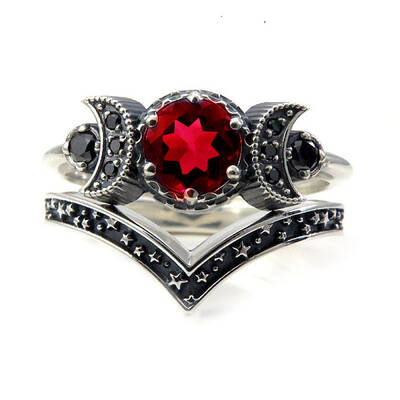 Gothic Purple Crystal Ring with Triple Moon Goddess - Black Diamond Jewelry for Women