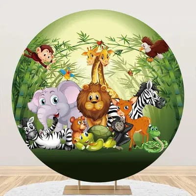 Round Safari Jungle Wild Animal Birthday Backdrop - Aperturee