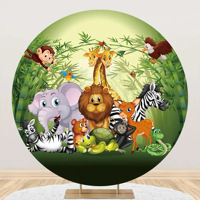 Round Safari Jungle Wild Animal Birthday Backdrop - Aperturee