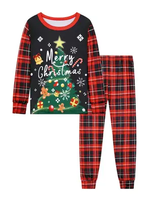 Boys' Christmas Party Set, Tree Print Long Sleeve Shirt & Pants, Fall Home Wear Sleepwear, 2-Piece Kids Clothing Set