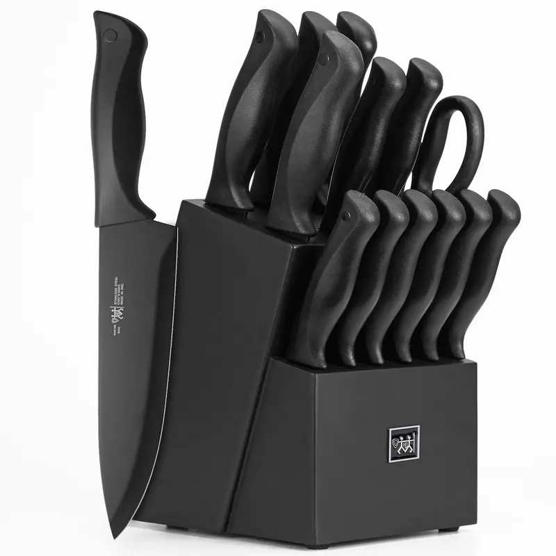 Knife Set, HUNTER.DUAL 15 Pcs Kitchen Knife Set with Block Self Sharpening, Dishwasher Safe, Anti-slip Handle, Black Steel Wo...