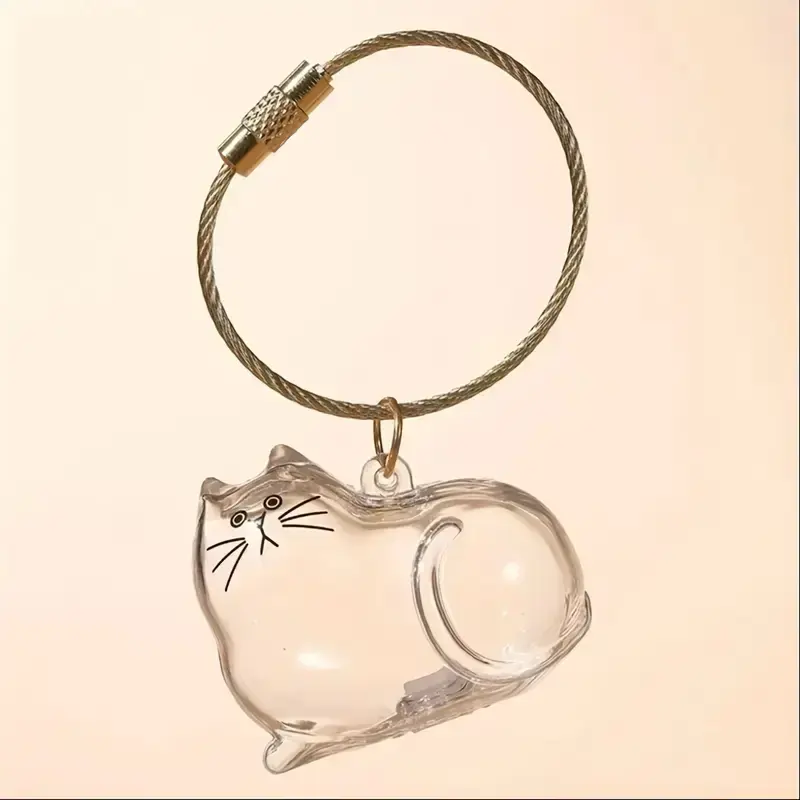 Cute Cartoon Cat Keychain with Plush Cat Fur, Transparent Oval Key Holder for Cat Lovers and Pet Owners, No Battery Required,...