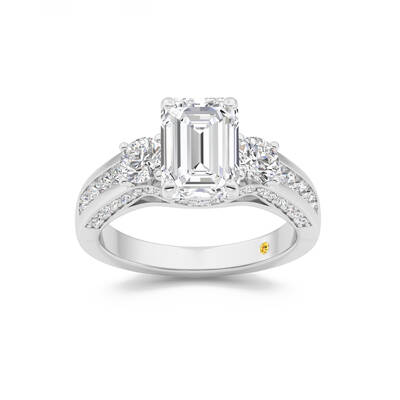 Aarhus Pavé Set Hidden Accent Three Stone Emerald Cut Lab Grown Cathedral Diamond Engagement Ring | 14K White Gold 4 3/8 CT....