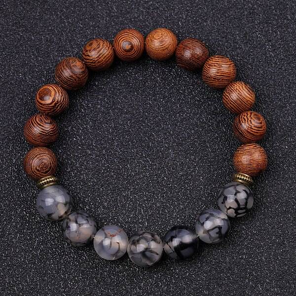 Dyed Natural Crackle Agate & Wood Round Beaded Stretch Bracelets