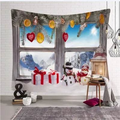Winter Sun And Snowman Christmas Landscape Wall Tapestry - Aperturee