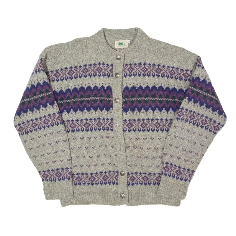 REI Patterned Cardigan Grey 90s Fair Isle Chunky Knit High Neck Womens L