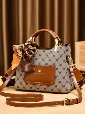 Summer New Trendy Vintage Presbyopia Geometric Pattern Bag Handbag for Women, 2024 Bowknot Satin Scarf Decorated Pu Leather P...