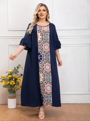 Plus Size Patchwork Print Ruffle Layered Sleeve Tunic Dress, Elegant Round Neck 3/4 Length Sleeve Dress For Women, Ladies Spr...