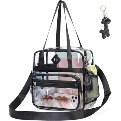 Clear Stadium-Approved Tote Bag with Adjustable Strap, Multiple Pockets, and Keychain Accessory – Ideal for Sports, Events,...