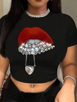Women's Lip & Heart Print Round Neck Crop Tee, Fashion Casual Crew Neck Short Sleeve T-shirt for Daily Holiday Vacation Outdo...