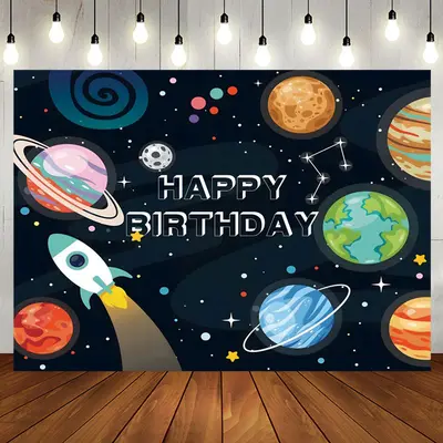 Aperturee Cartoon Planet Rocket Space Boy Birthday Backdrop - Aperturee
