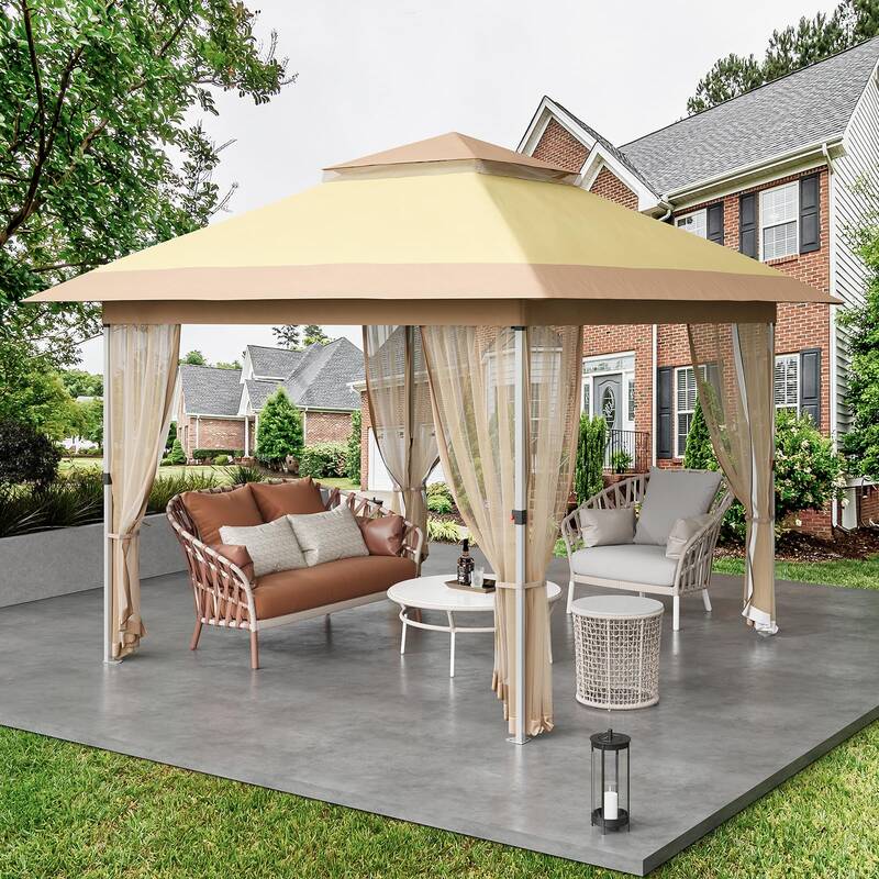 Garvee 11'x11' Gazebo Outdoor Canopy Tent with Curtains 144 Square Shelter Mosquito Netting 2-Tiered Vented Top for Patio Bac...