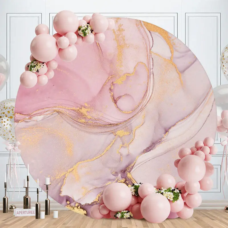 Aperturee Purple Gold Marble Pattern Round Birthday Party Backdrop