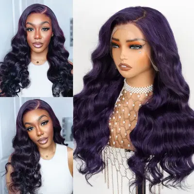 Dark Purple 3D Body Wave 13x4 Transparent Lace Frontal Wig Pre Plucked & Pre Curled Human Hair Wig