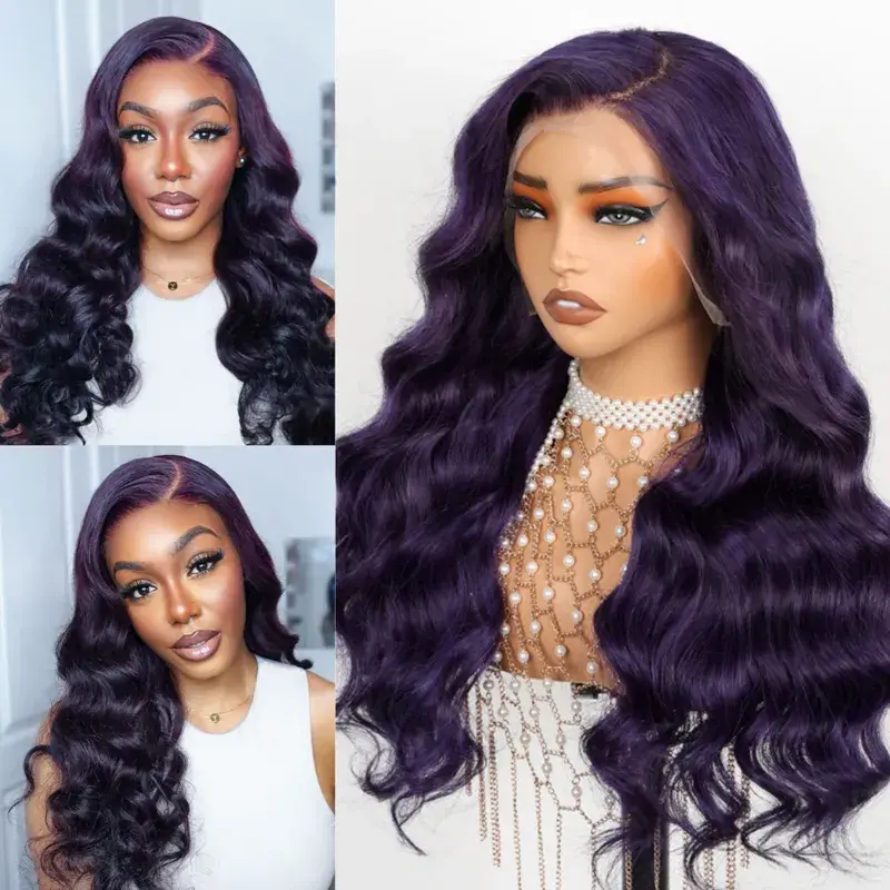 Dark Purple 3D Body Wave 13x4 Transparent Lace Frontal Wig Pre Plucked & Pre Curled Human Hair Wig