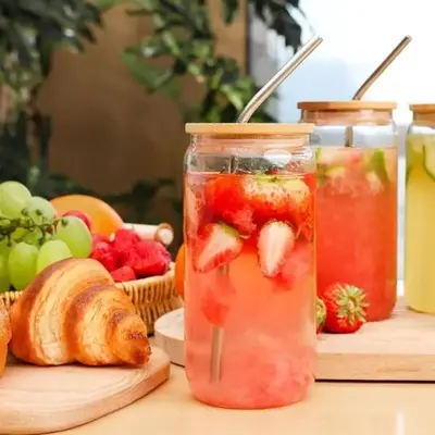 Glass Cups With Bamboo Lids and Straws, 16Oz Ice Coffee Cup, Drinking Glasses Cups, Cute Tumbler Cup for Smoothie, Beer, Soda...