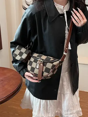 Fashionable Checkerboard Pattern Shoulder Bag with Coin Purse, Casual Versatile Colorblock Zipper Chest Bag for Women, Trendy...