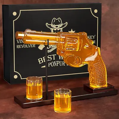 PONPUR 10 Oz Revolver Whiskey Decanter Set with Shot Glasses
