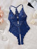 Women's Solid Floral Lace Scallop Trim Rhinestone Heart Ring Linked  Cami Teddy Bodysuit, Sexy Deep V Neck  Bow Decor Backles...