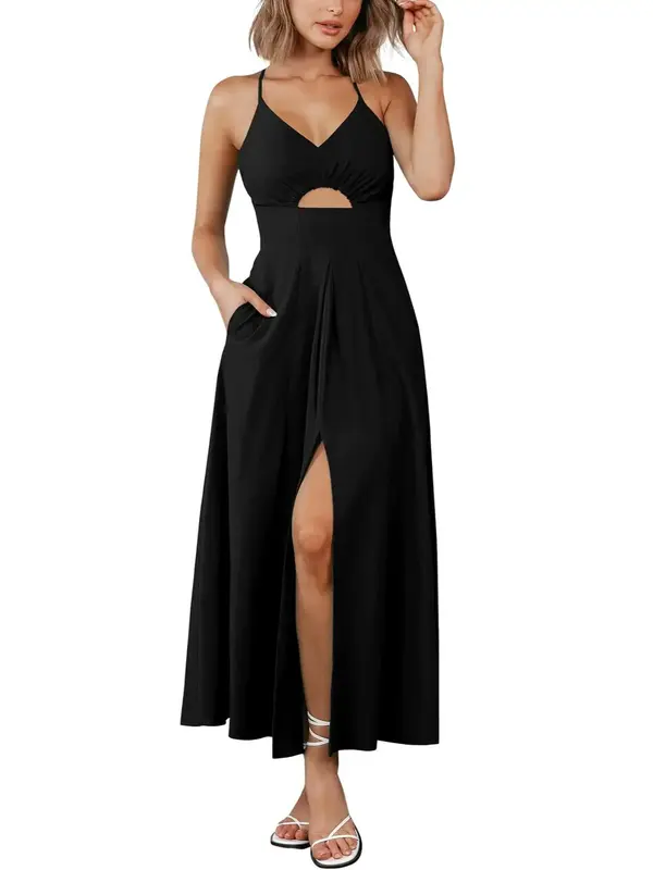BTFBM Women 2025 Summer Spaghetti Strap Dress Sleeveless V Neck Cutout Slit Casual Beach Party Maxi Dresses with Pockets #Out...