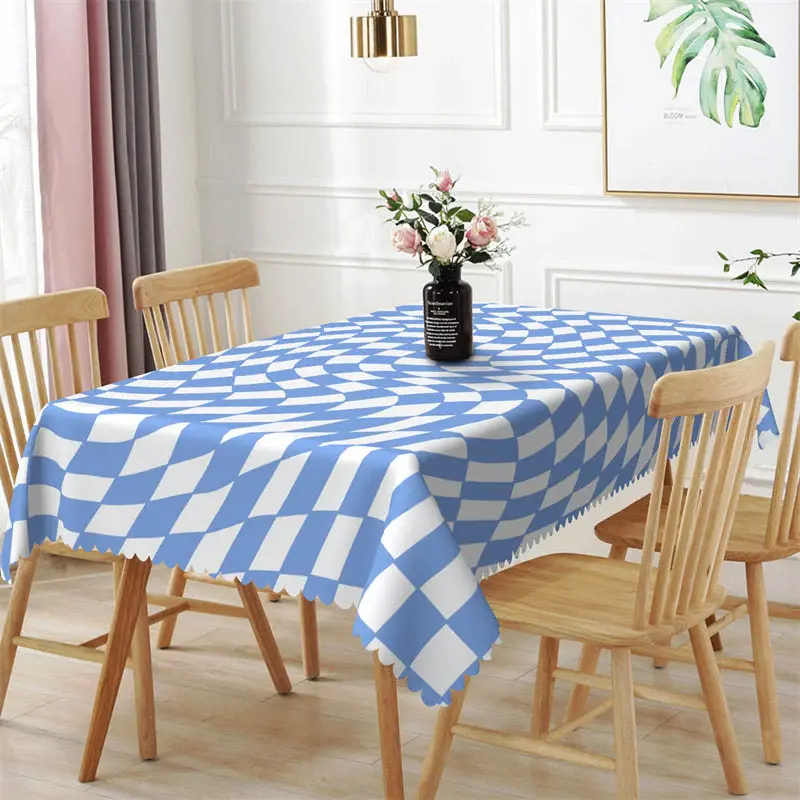 Light Blue White Deformed Grid Rectangle Tablecloth - Aperturee