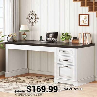 SEDETA 55 Inch Executive Computer Desk with 3 Drawers Power Outlet, Classical American Style Farmhouse Engineered Wood Table ...