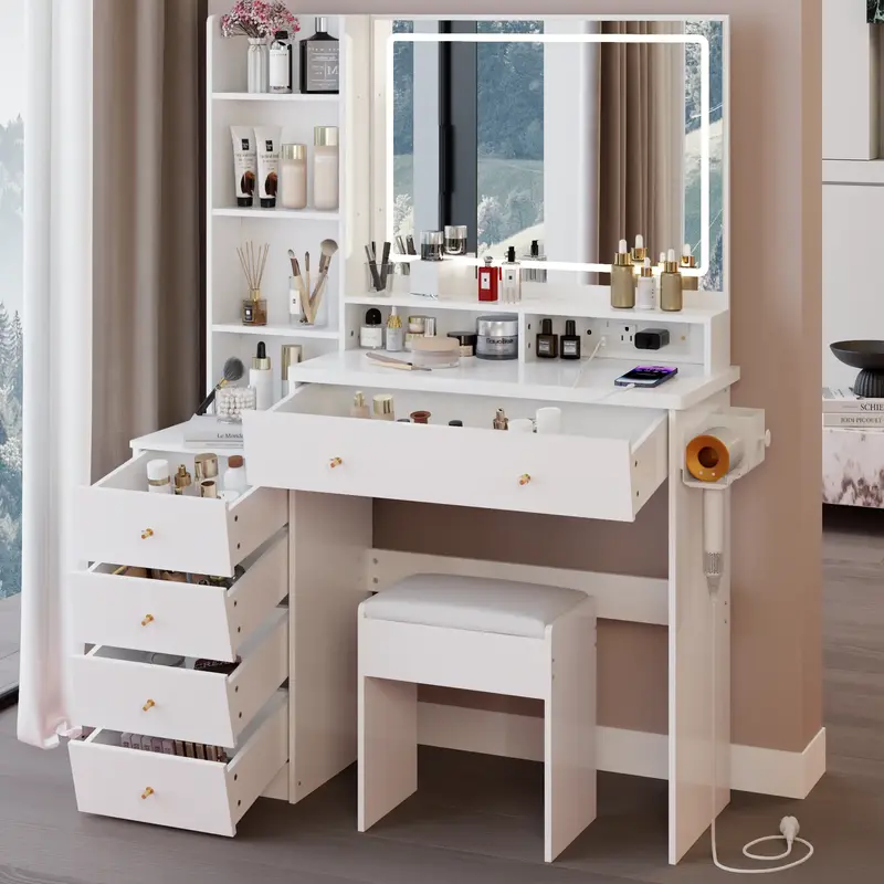 41 Vanity Table Set, Large Size Left Bedside Cabinet Vanity Table+Cushioned Stool Dresser Set, 2 AC+2 USB Power Station, Ha...