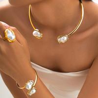 ChicMe Women's 3PCS Baroque Peals Open Choker Necklace Bracelet Rings Round Open Necklace Jewellery Set