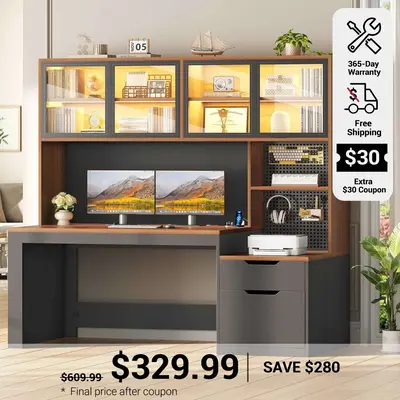 SEDETA ® 55 Inch Executive Office Desk with 2 Drawers and Display Cabinet Home Office Desk with Hutch and Printer Stand Gami...