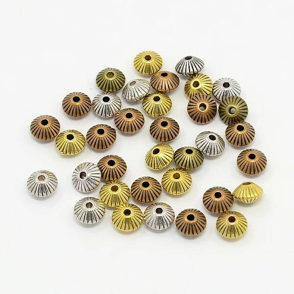 Mixed Color Tibetan Style Alloy Bicone Corrugated Spacer Beads