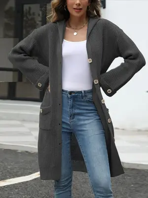 V-Neck LooseWomen's Hooded Button Down Cardigan 2025 Fall Long Sleeve Knit Sweater, Casual Chunky Open Front Oversized Outerw...