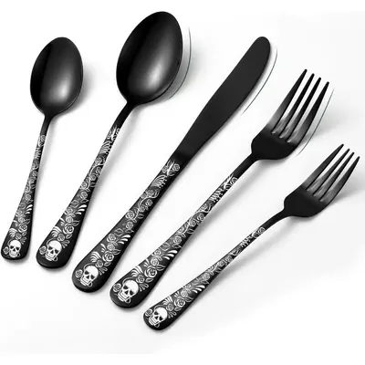 Gothic Stainless Steel Flatware Set, Skull & Rose Pattern Cutlery Set Including Spoon & Fork & Knife, Festival Party Tablewar...