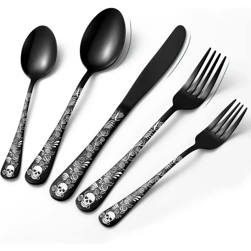 Gothic Stainless Steel Flatware Set, Skull & Rose Pattern Cutlery Set Including Spoon & Fork & Knife, Festival Party Tablewar...