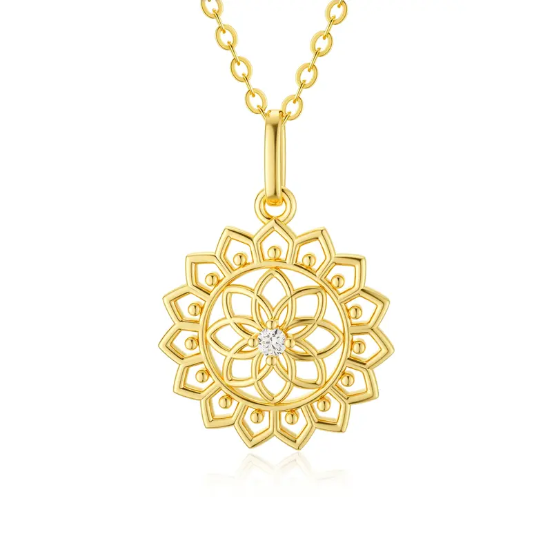 14K Gold Cubic Zirconia Flower Of Life Pendant Necklace