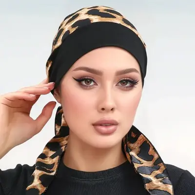 Leopard Print Muslim Hijab Cap Elastic Breathable Inner Undercap With Adjustable Strap For Daily Use Islam Turban Headscarf