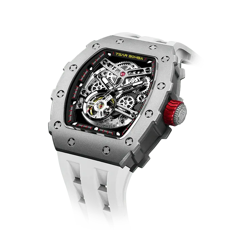 TSAR BOMBA Elemental Series White Men's Automatic Mechanical Watch 閳ワ拷Titanium Bezel, Stainless Steel Case, Skeleton Di...