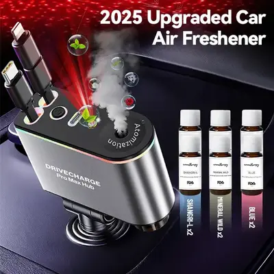 Smart Portable Car Air Freshener with Starlight Diffuser ,Intelligent Sensing & Atmosphere Lighting - Retractable Car Charger...