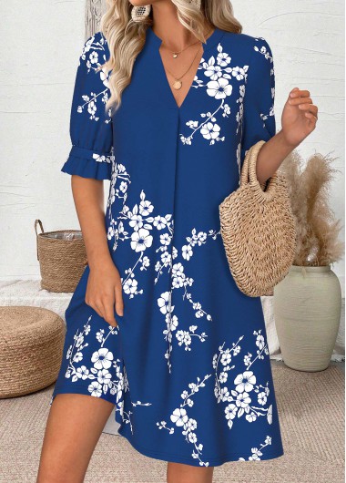 Modlily Navy Floral Print Short Half Sleeve Split Neck Dress - XXL