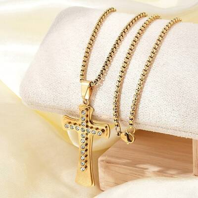 304 Stainless Steel Clear Cubic Zirconia Religion Cross Pendant Box Chain Necklaces for Men