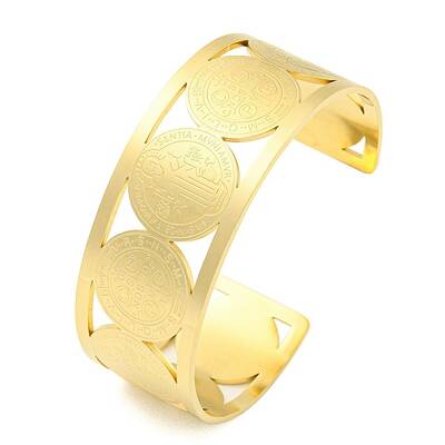 304 Stainless Steel Wide Hollow Saint Benedict Medal Open Cuff Bangles